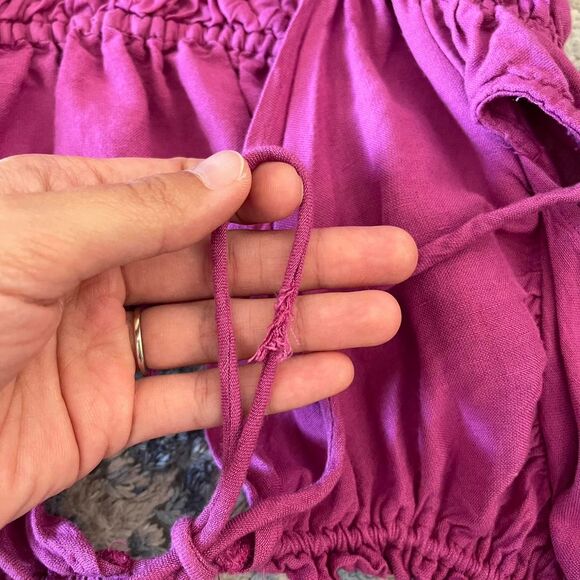 Fuchsia Linen Blend Smocked Mini Dress Ruffle Hem Open Back Milkmaid Peasant S - Picture 5 of 9